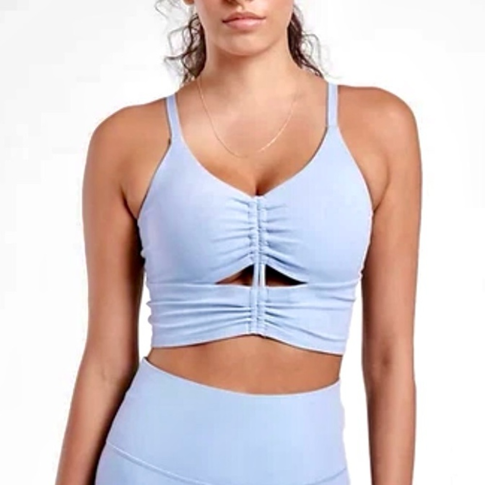 Athleta Cinch Cottage Blue Ruched Medium Support Yoga Sports Bra size S A-C